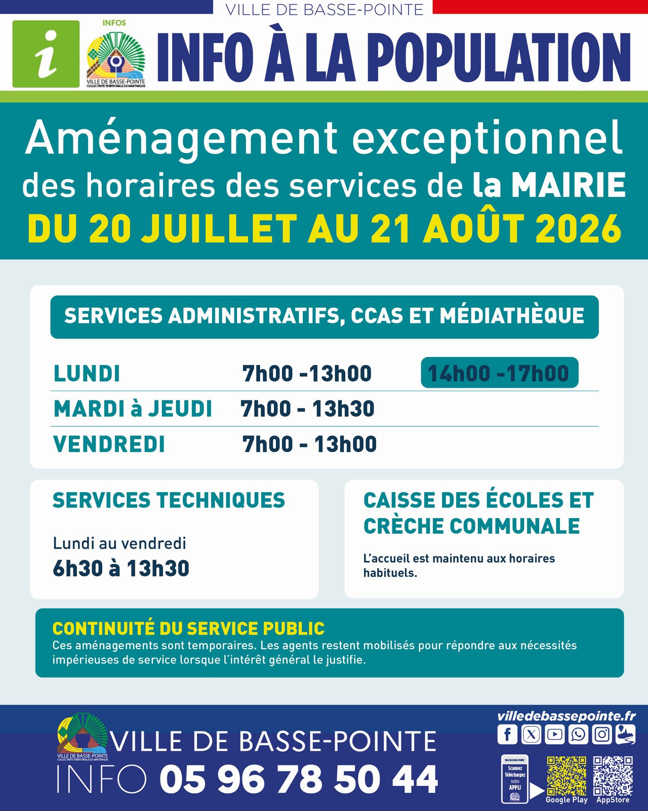 Information sur les horaires des services municipaux pendant les grandes vacances 2026